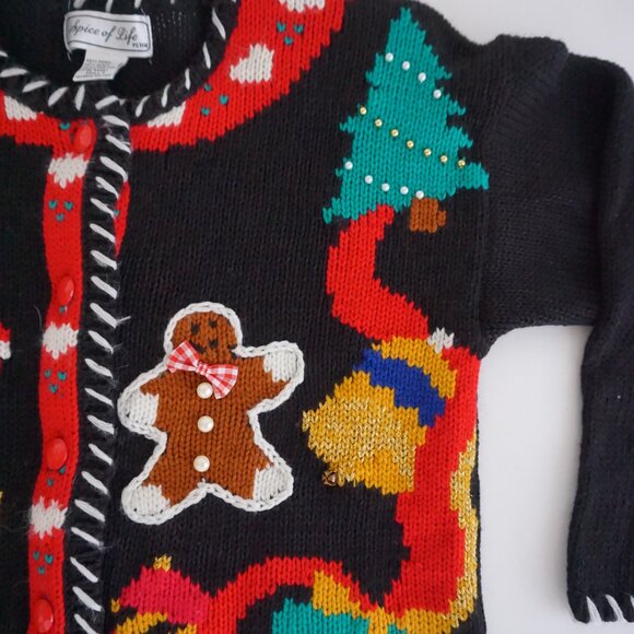 VTG Spice of Life Black Holiday Gingerbread Cardigan Cotton Festive Grandma S/P - Picture 6 of 11